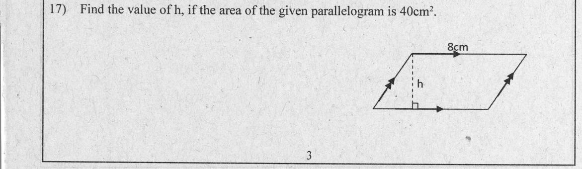 Paper I Part A Q17: Height of a parallelogram from its area