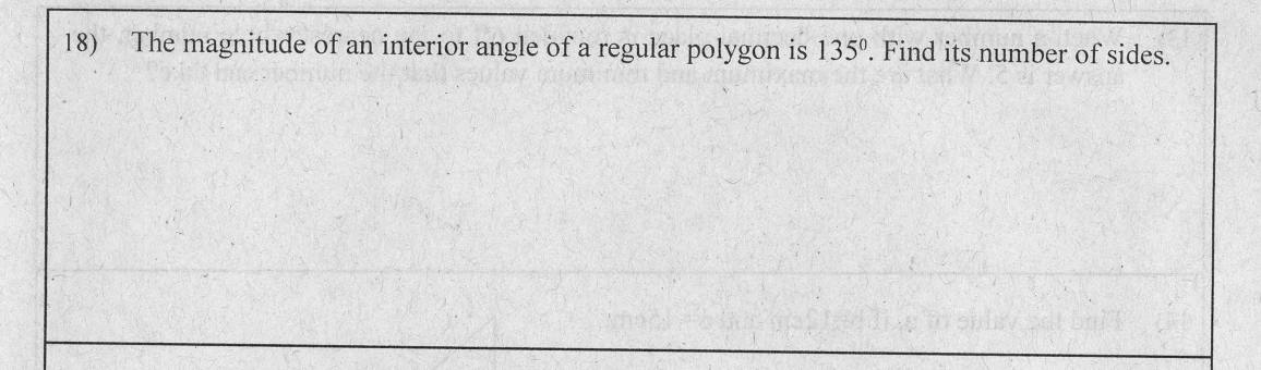 Paper I Part A Q18: Sides of a regular polygon from its interior angle