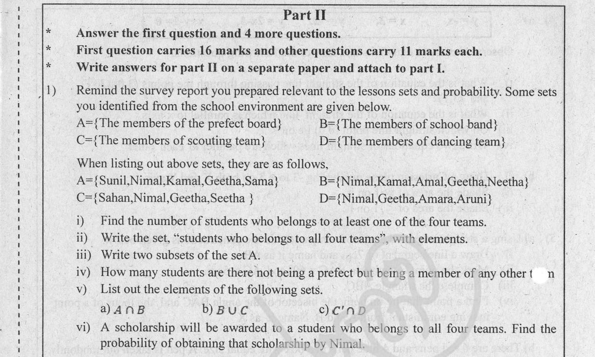 Paper II Part A Q1: Four school teams as sets: union, intersections, subsets, complement, probability