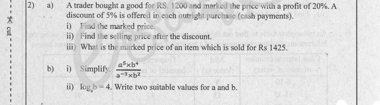 Paper II Part A Q2: Marked price, discount, reverse price; index law; log values