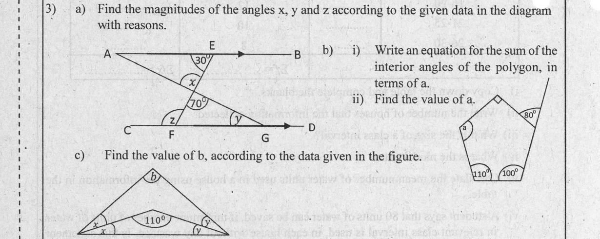 Paper II Part A Q3: Angles with parallel lines; pentagon angle sum; bisected base angles