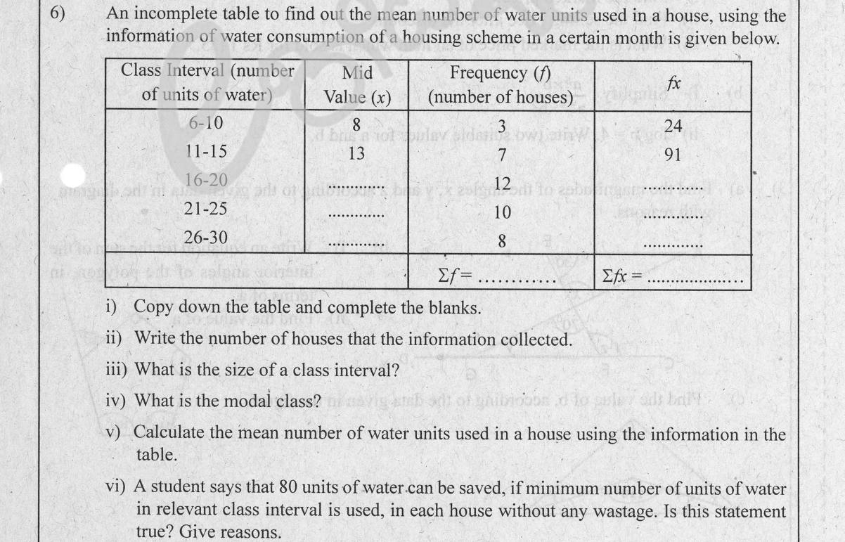 Paper II Part A Q6: Grouped water-usage table: totals, class size, mode, mean, saving claim