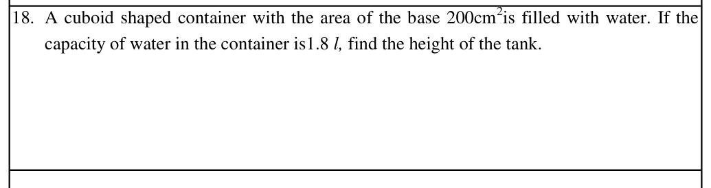 Paper I Part A Q18: Height of water in a cuboid from base area and volume