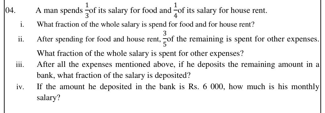 Paper II Part A Q4: Fractions of a salary spent and saved; find the salary