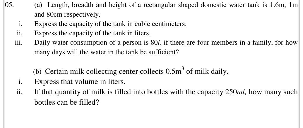 Paper II Part A Q5: Tank capacity in cm^3 and litres; days of supply; milk into bottles