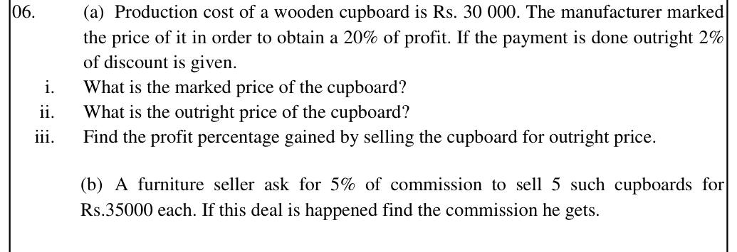 Paper II Part A Q6: Marked price, cash discount, profit percentage and commission