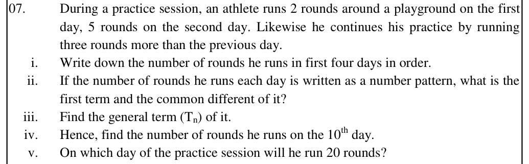 Paper II Part A Q7: Running rounds pattern: terms, general term, nth term, solving for day