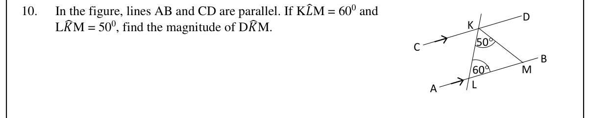 Paper I Part A Q10: Angle using co-interior angles between parallel lines