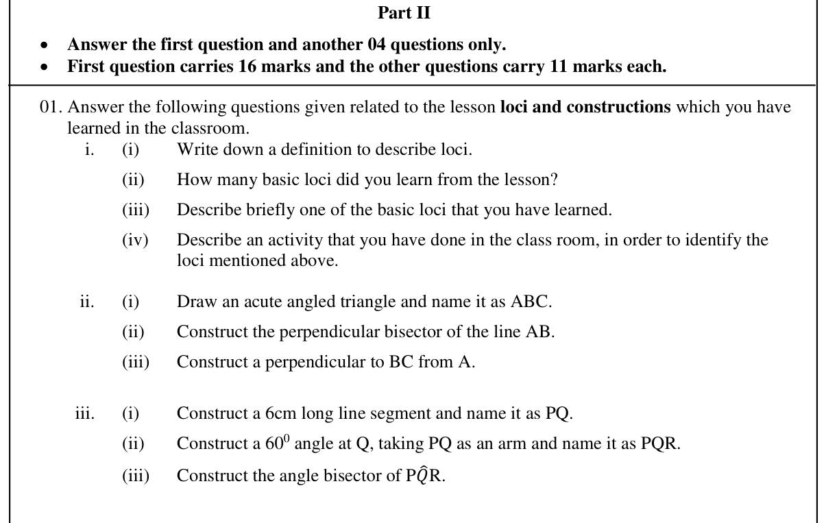 Paper II Part A Q1: Loci basics and constructions: perpendicular bisector, perpendicular, 60 degree angle, bisector