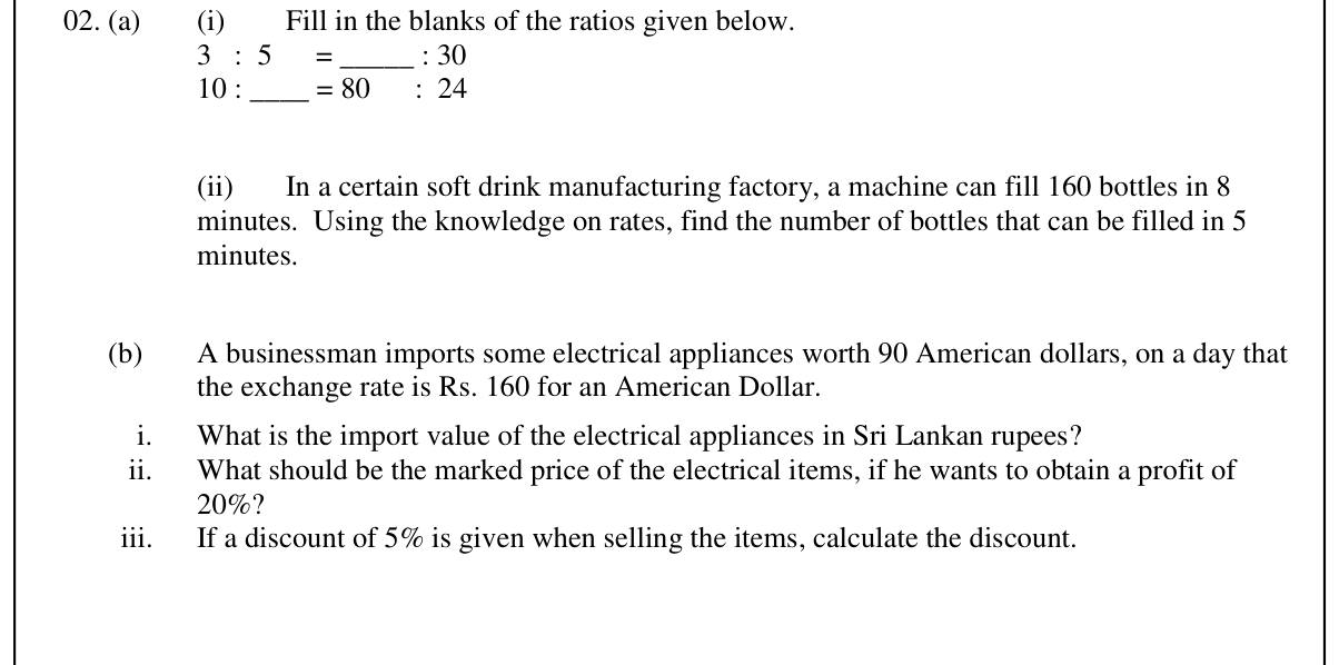 Paper II Part A Q2: Equivalent ratios, filling rate; import value, marked price and discount