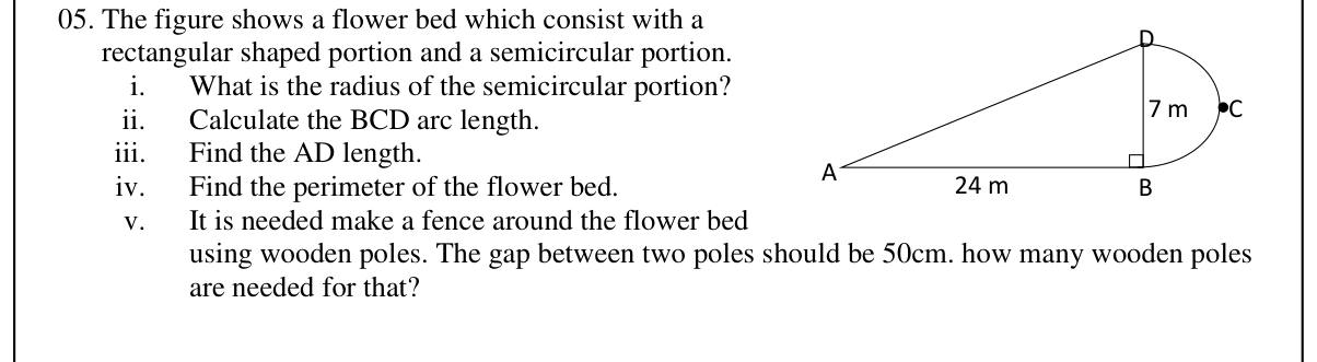 Paper II Part A Q5: Right triangle plus semicircle bed: radius, arc, hypotenuse, perimeter, fence poles
