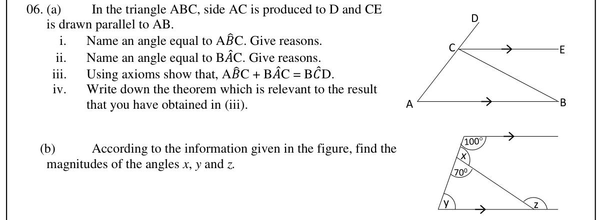 Paper II Part A Q6: Exterior angle theorem via parallel line; find angles with parallels