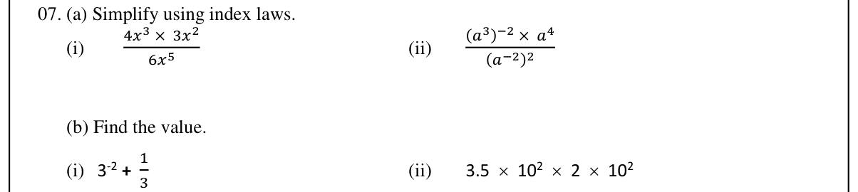 Paper II Part A Q7: Index laws with negative indices; values with negative index and scientific notation