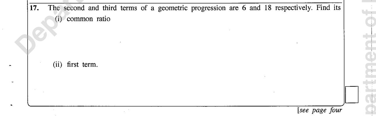 Paper I Part A Q17: Ratio and first term of a geometric progression