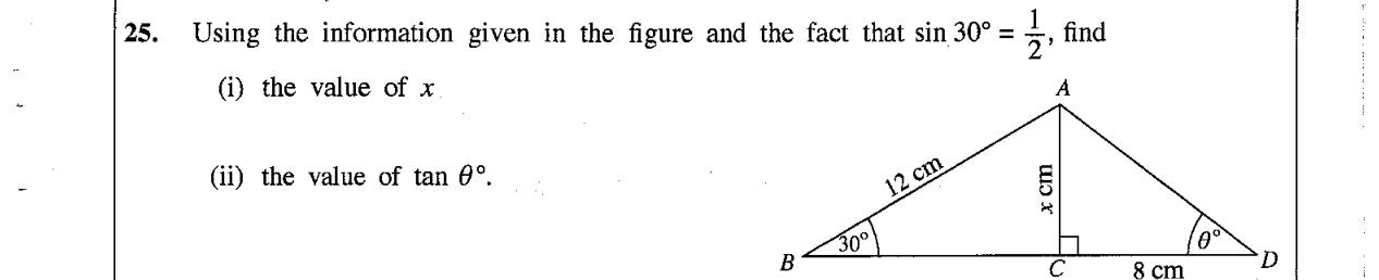 Paper I Part A Q25: Side from sin 30° and a tangent ratio