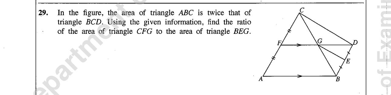 Paper I Part A Q29: Ratio of triangle areas with midpoints and parallels