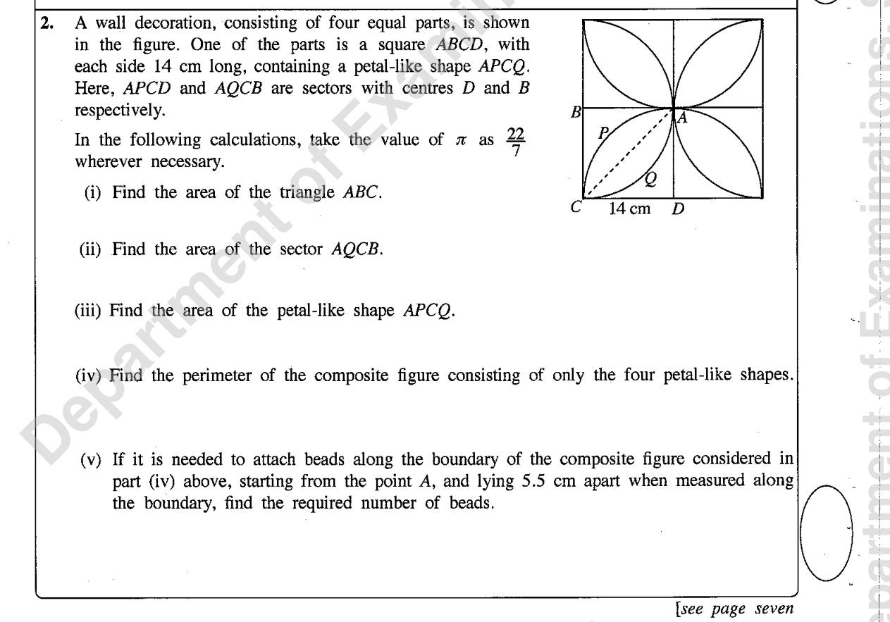 Paper I Part B Q2: Petal shapes from sectors in a square: area, perimeter, beads
