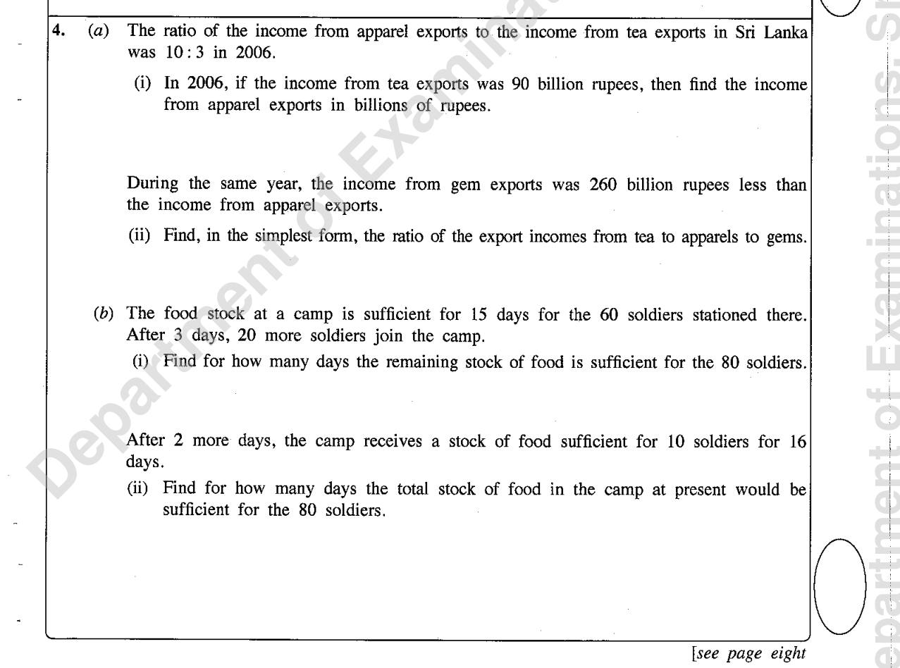 Paper I Part B Q4: Export income ratios and a food stock for soldiers