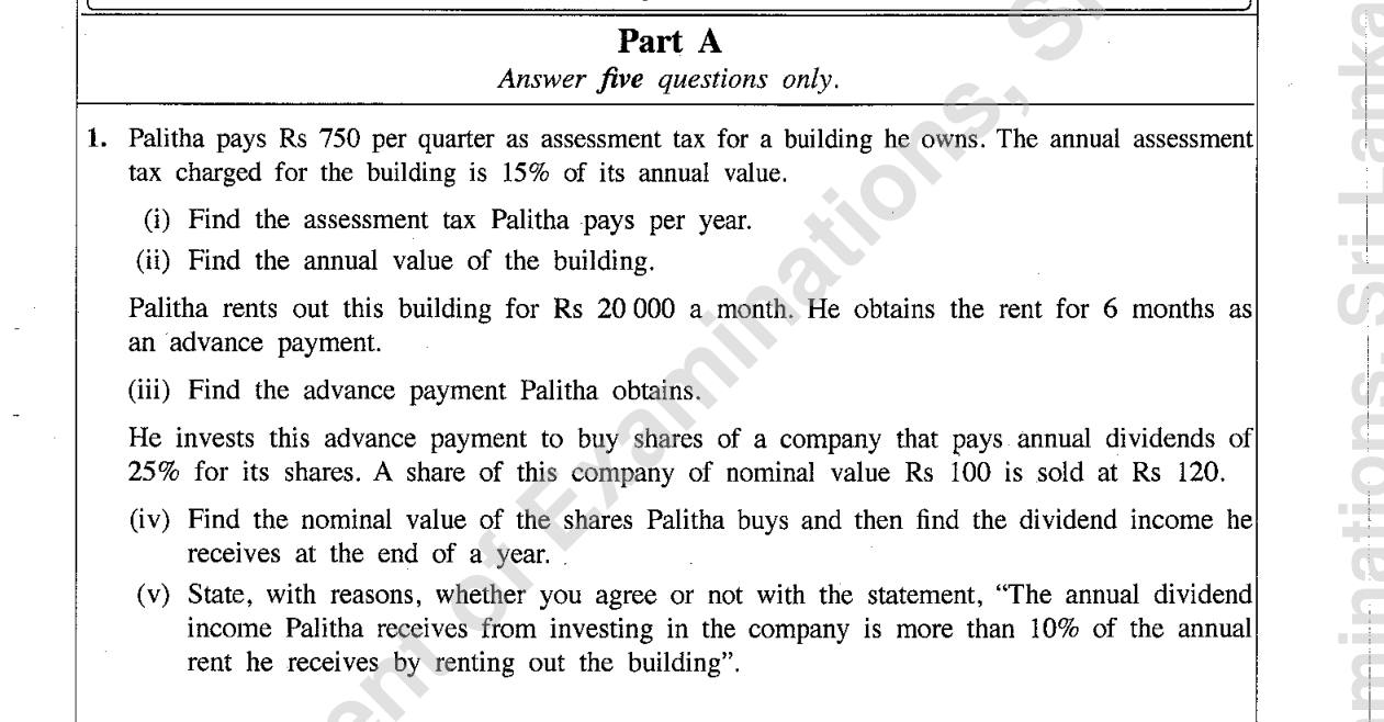 Paper II Part A Q1: Assessment tax, rent advance, shares and dividend comparison