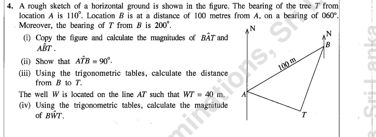 Paper II Part A Q4: Bearings and trigonometric tables for a tree and well