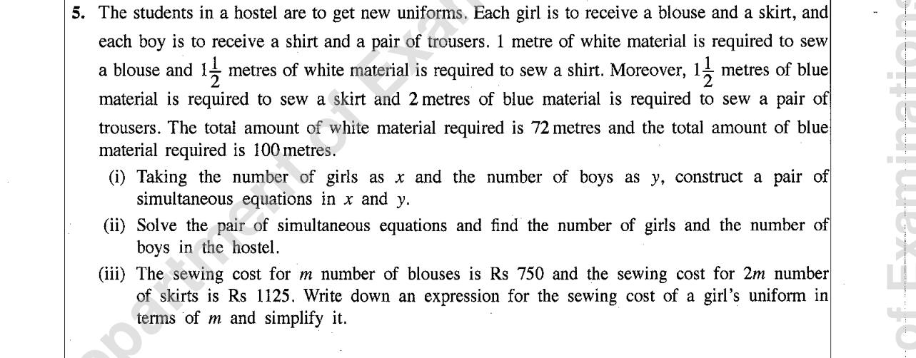 Paper II Part A Q5: Simultaneous equations for uniforms; algebraic fraction cost