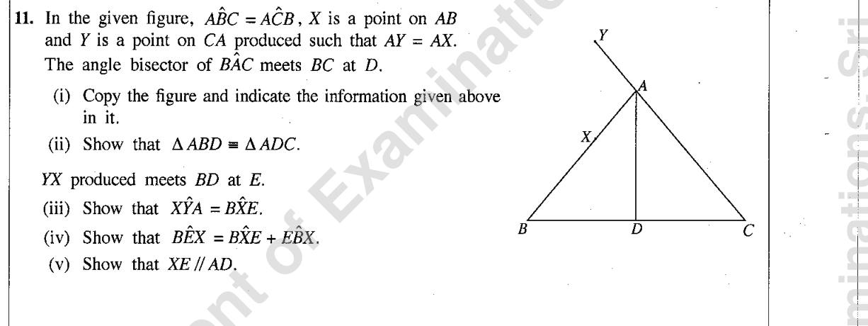 Paper II Part B Q11: Isosceles triangle with bisector: congruence, angles, parallel lines