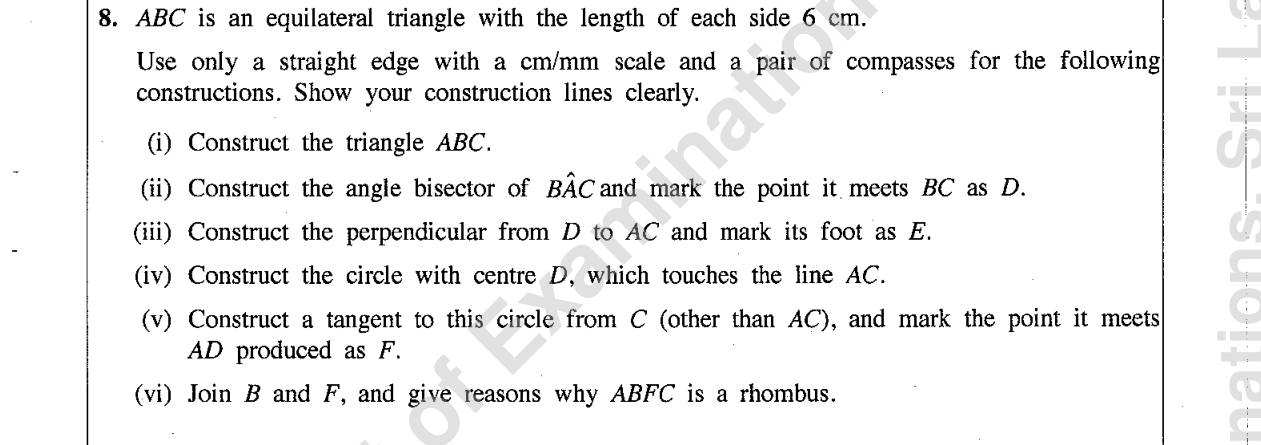 Paper II Part B Q8: Construct equilateral triangle, circle touching a side, tangent, rhombus