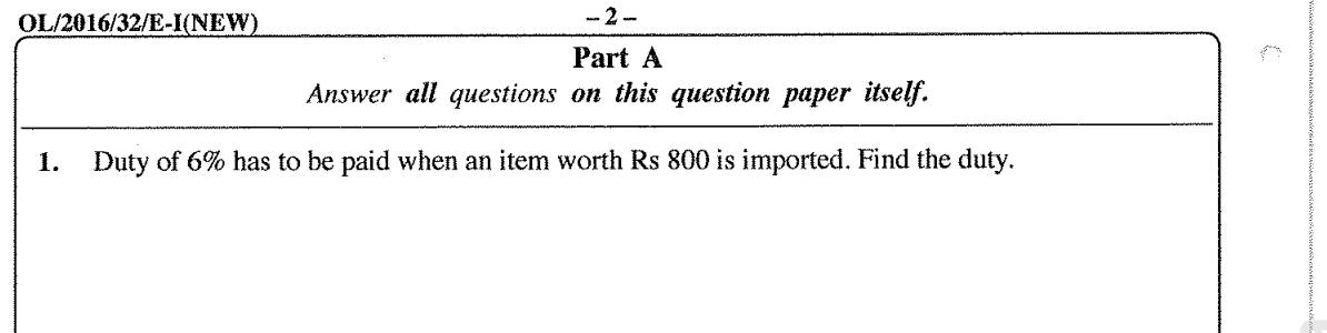 Paper I Part A Q1: Import duty as a percentage of an item's value