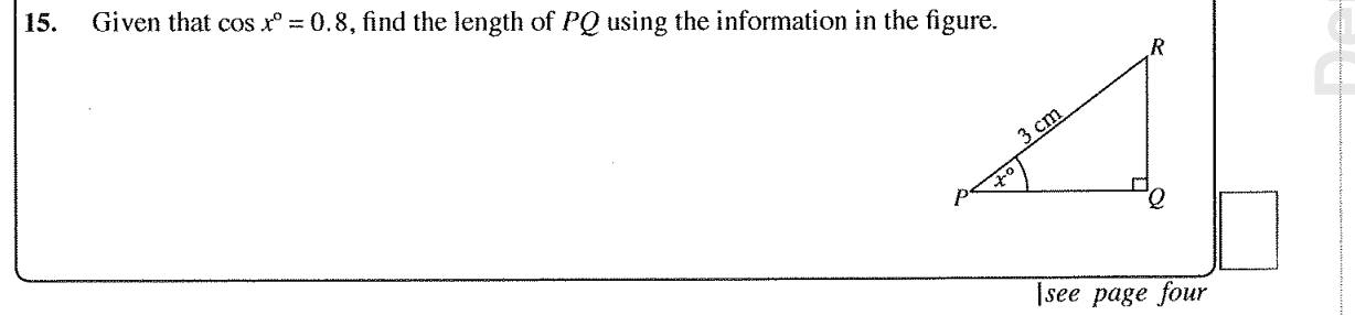 Paper I Part A Q15: Adjacent side from a cosine value