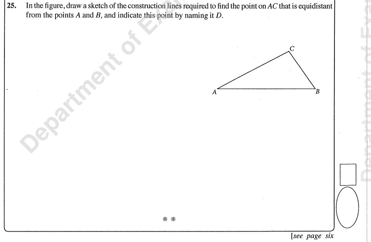 Paper I Part A Q25: Sketch locus to find a point on a side equidistant from two vertices