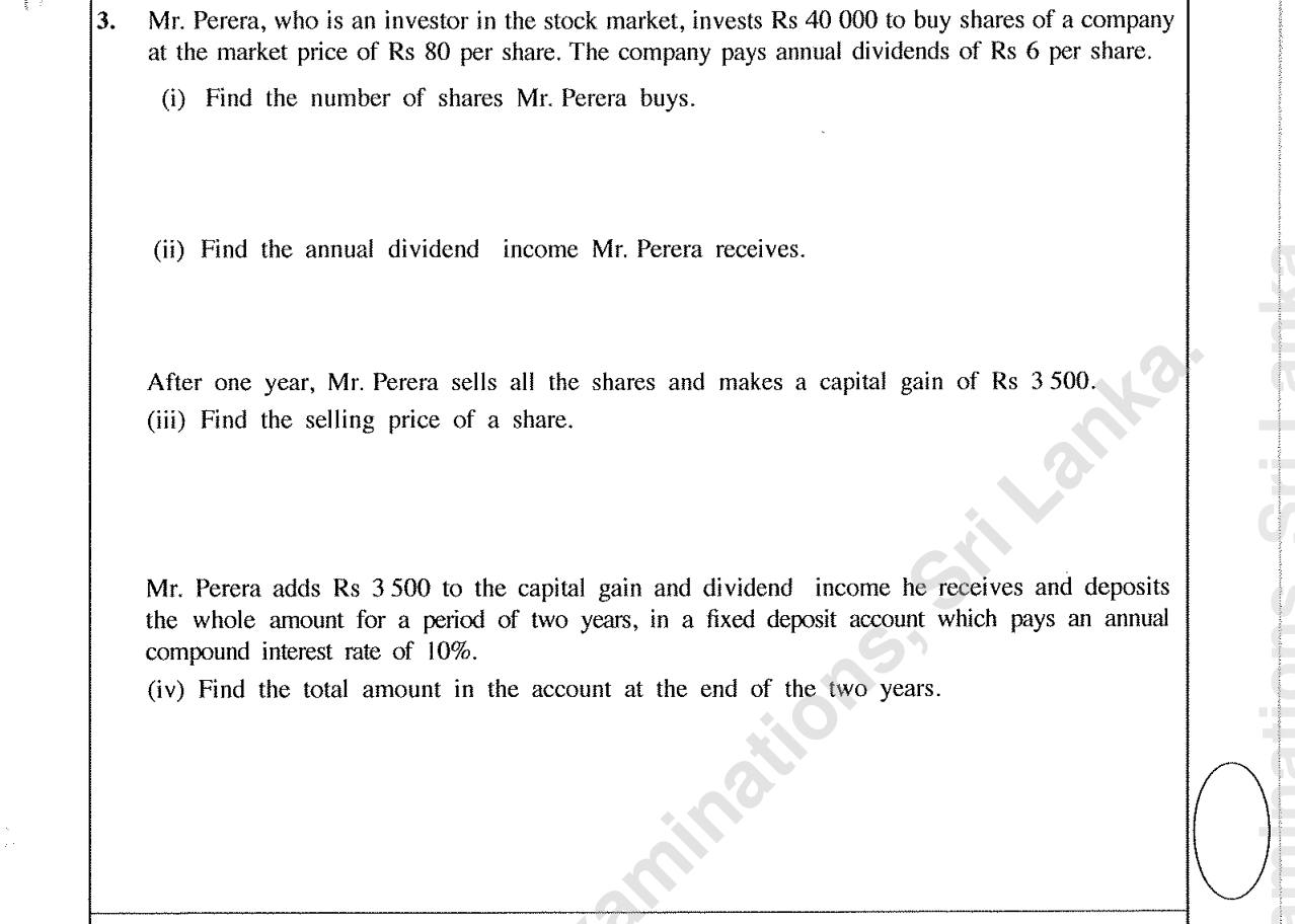 Paper I Part B Q3: Shares, dividend, capital gain, then compound interest