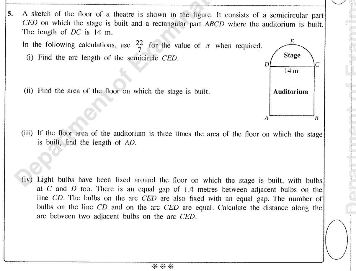 Paper I Part B Q5: Semicircular stage and rectangle: arc, areas, bulb spacing