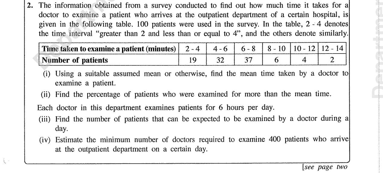 Paper II Part A Q2: Mean examination time and number of doctors needed