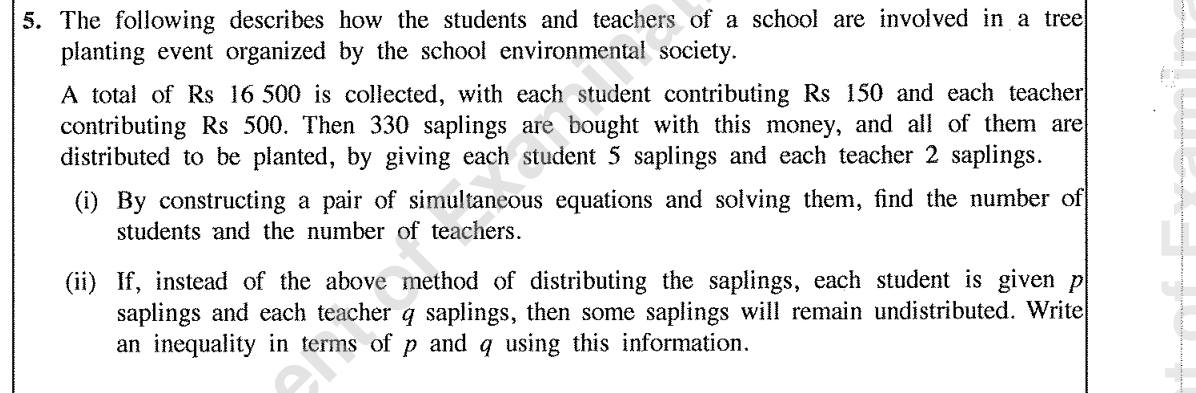 Paper II Part A Q5: Simultaneous equations for students and teachers; an inequality