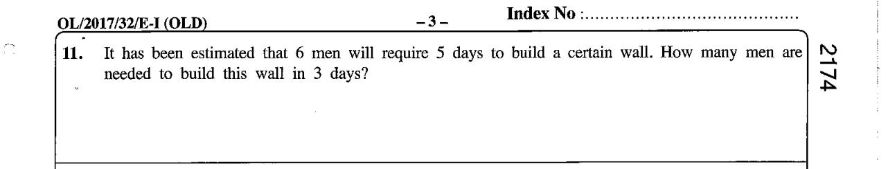 Paper I Part A Q11: Men needed to finish a wall in fewer days