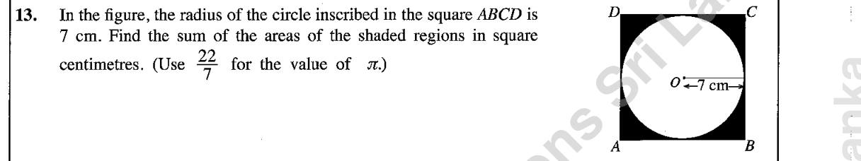 Paper I Part A Q13: Shaded area between a square and its inscribed circle