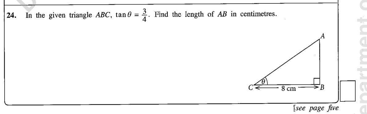 Paper I Part A Q24: Opposite side from a tangent ratio