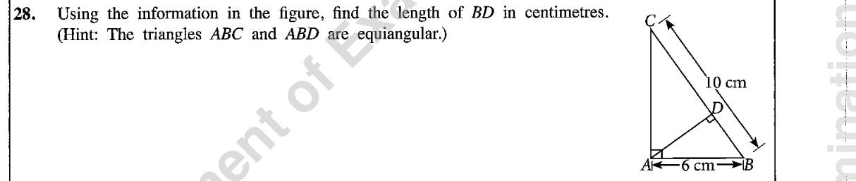 Paper I Part A Q28: Segment of hypotenuse using equiangular right triangles