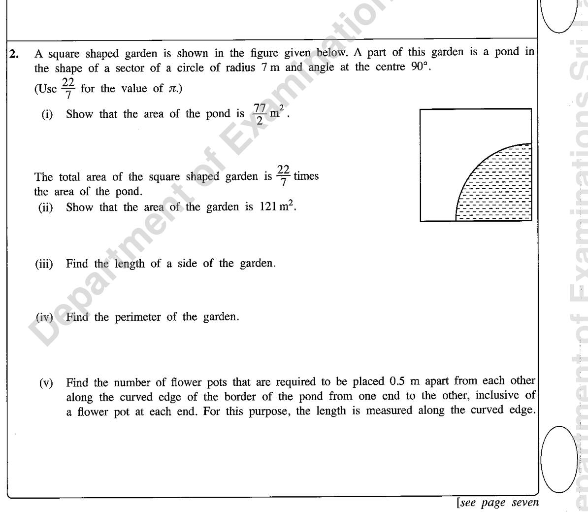 Paper I Part B Q2: Quarter-circle pond in a square garden: area, side, perimeter, pots
