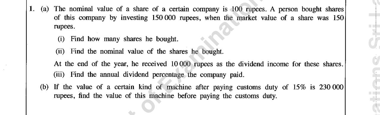 Paper II Part A Q1: Shares bought, dividend percentage, value before customs duty