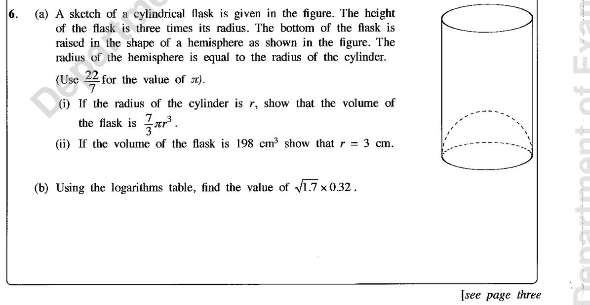 Paper II Part A Q6: Flask volume with hemispherical base; log table calculation