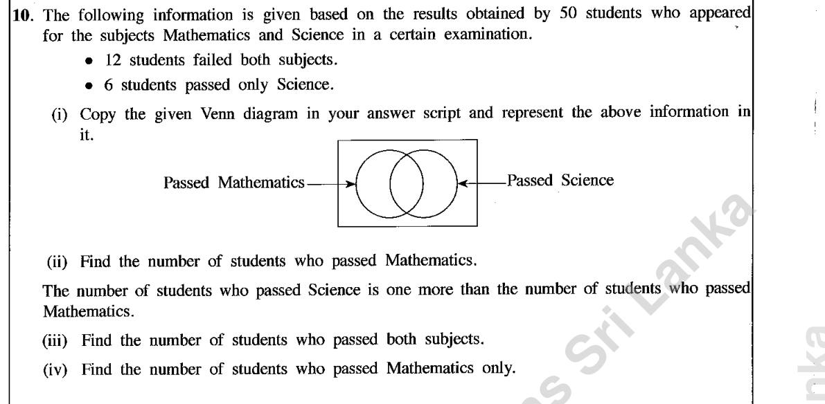 Paper II Part B Q10: Venn diagram of exam passes in two subjects