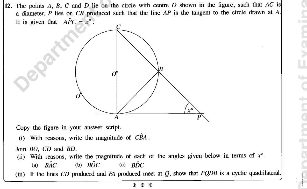 Paper II Part B Q12: Tangent and diameter angles in terms of x; prove cyclic