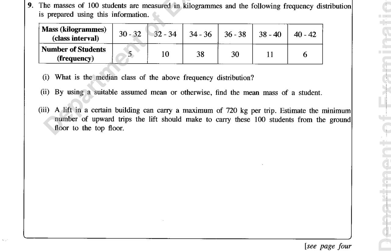 Paper II Part B Q9: Median class and mean mass; lift trips estimate
