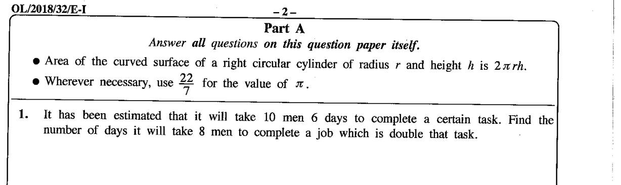 Paper I Part A Q1: Days for fewer men to finish double the work