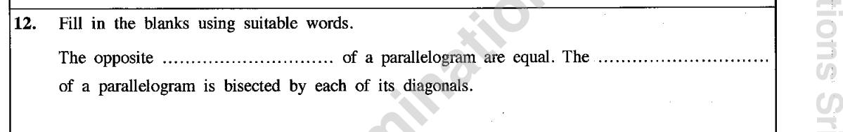 Paper I Part A Q12: Complete statements about parallelogram sides and its diagonal halving the area