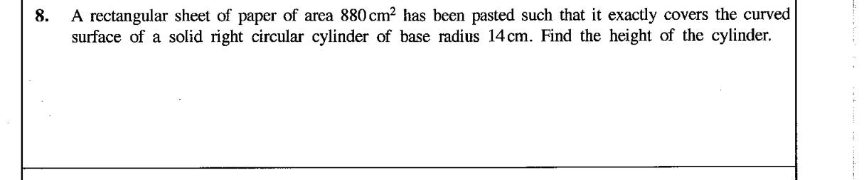 Paper I Part A Q8: Cylinder height from its curved surface area