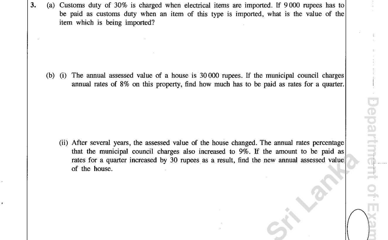 Paper I Part B Q3: Value from customs duty; quarterly rates and a new assessed value