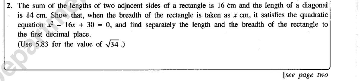 Paper II Part A Q2: Rectangle from side sum and diagonal: form and solve a quadratic