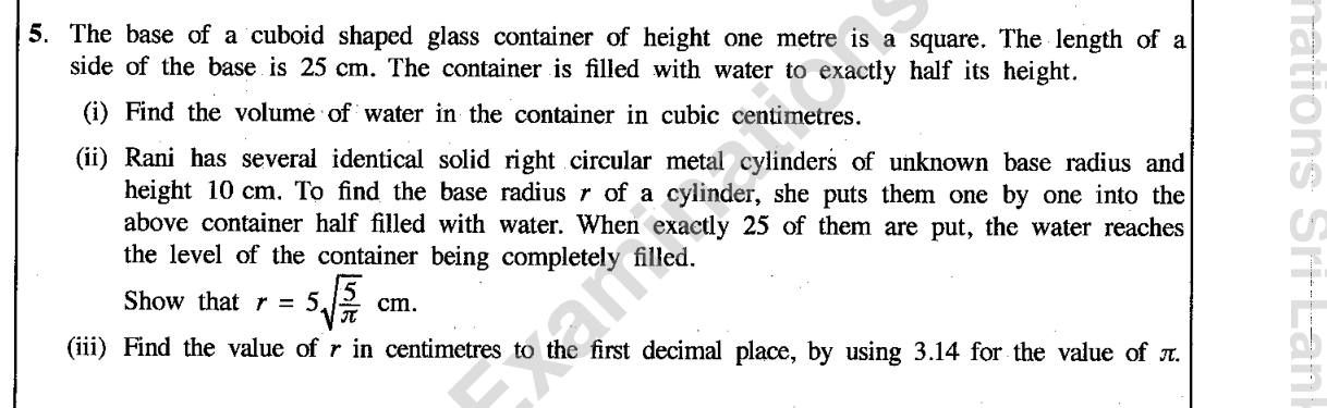 Paper II Part A Q5: Water level and immersed cylinders; radius formula evaluated with logs
